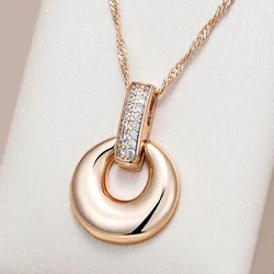 Kinel Fashion Glossy Geometry Round Pendant Necklace for Women Full Natural Zircon With 585 Rose Gold Color Daily Fine Jewelry