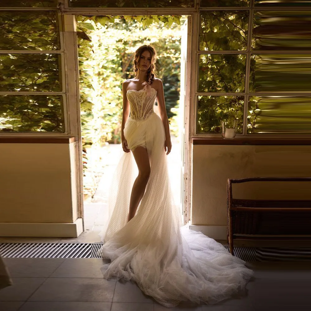 

Customized Charming Boat-Neck Lace A-Line Wedding Dress Open Back Applique Split Pleat Bridal Gown Sweep Train Vestidos De Noiva