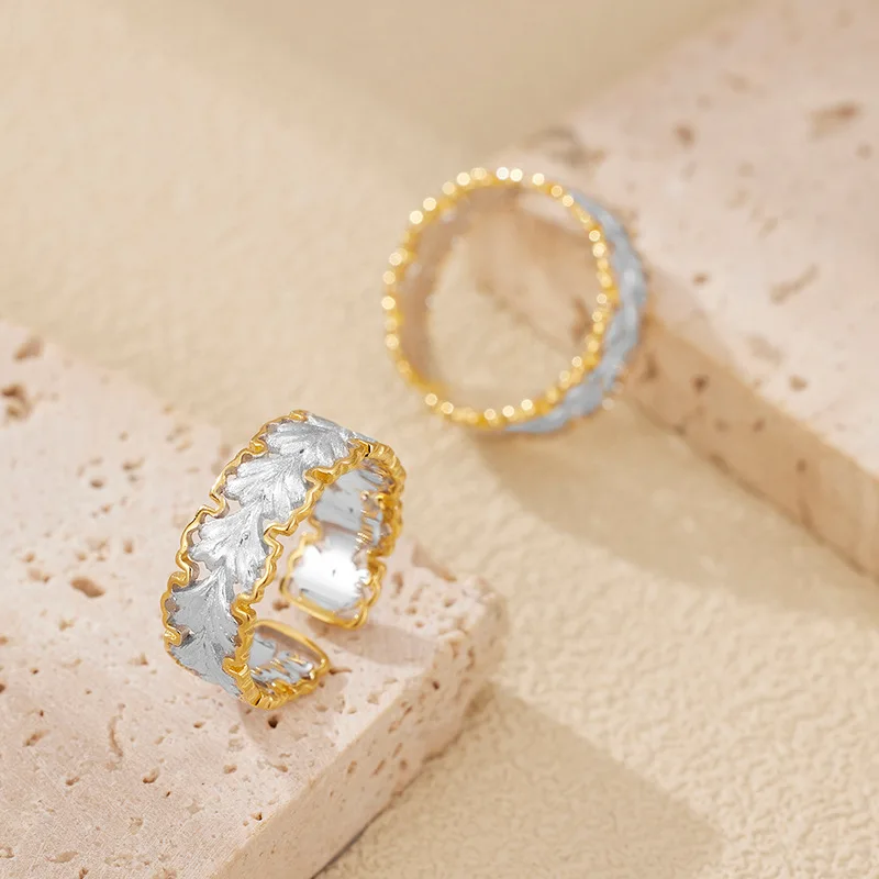 New Female Niche High-end Light Luxury S925 Pure Ginkgo Leaf Italian Retro Brushed Opening Adjustable Ring Wedding Jewelry