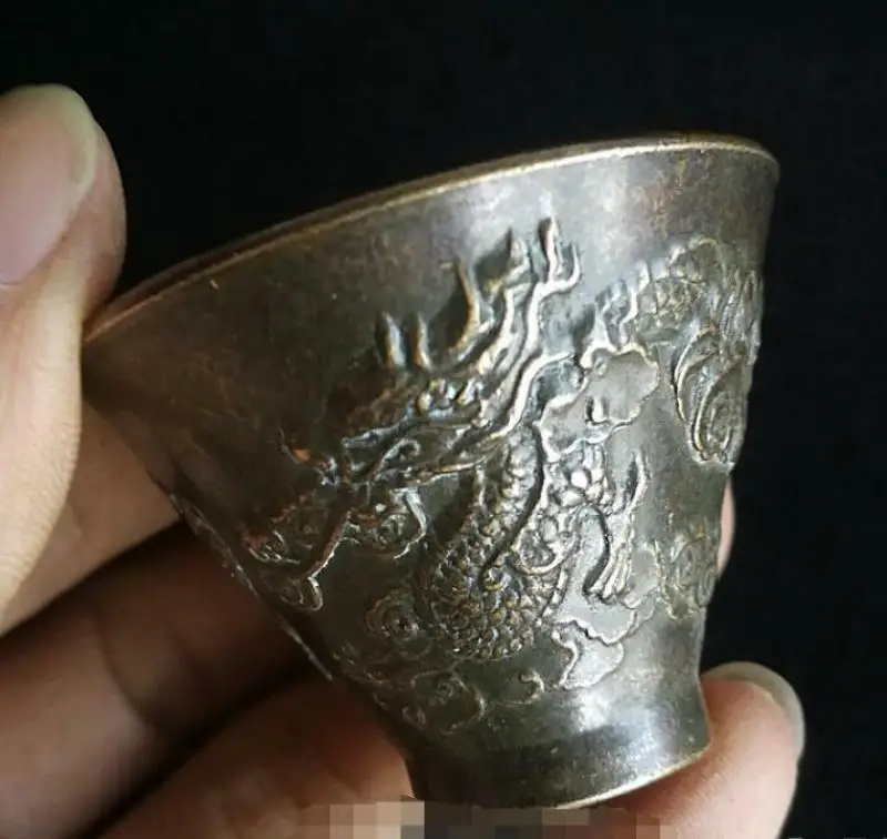 Antique Bronze Dragon Pattern Carved Small Cup Chinese Classic Collection Ornament