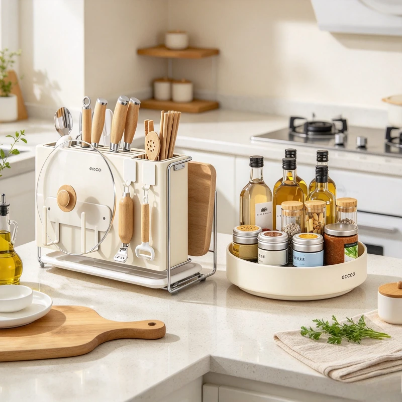 Magnetic Knife Rack Carbon Steel Kitchen Organizer with Rotating Spice Shelf Hooks Ventilated Storage Strong Hold Yellow Finish