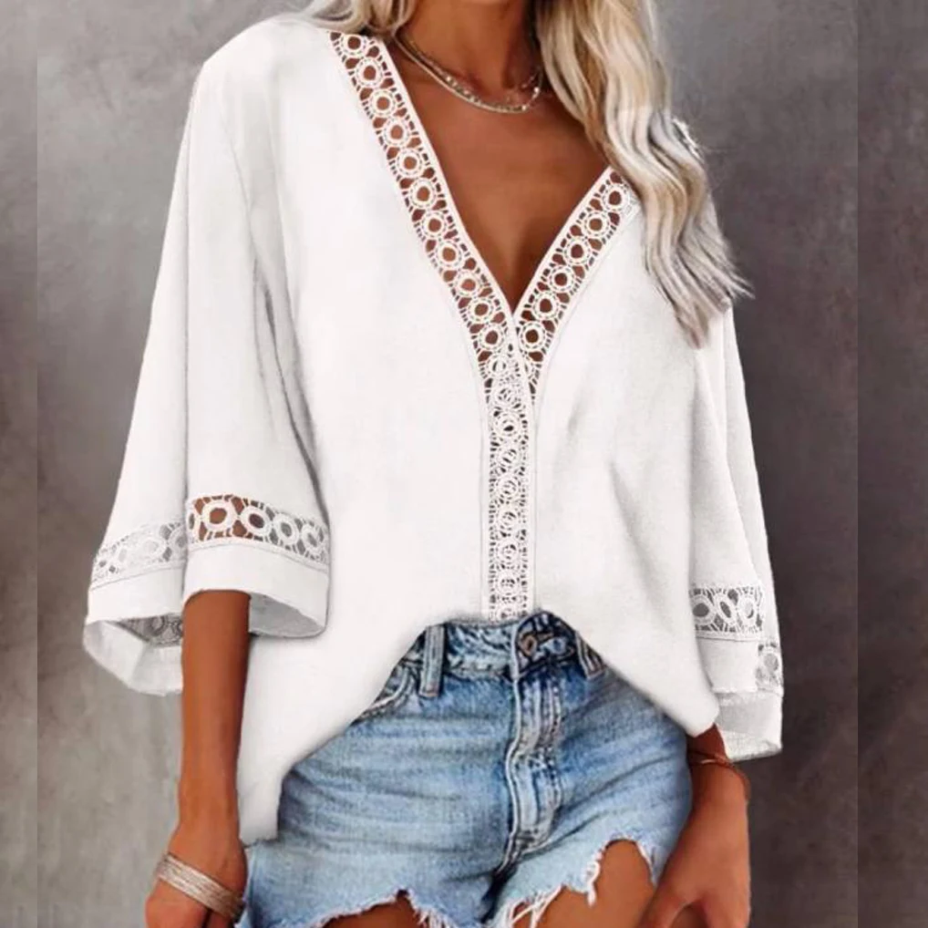 

Summer Solid Blouse Women Tops V-neck Hollow Lace Shirt Ladies Casual Shirts Patchwork Women Clothing Loose Bousa Women Pullover