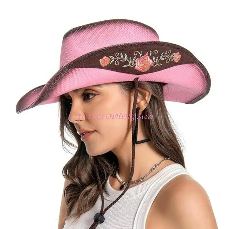 

N5KF Embroidery Flower Cowboy Hat for Travel Outdoor Activity Hat Party Wear Cowgirl Hat Women SummerBeach Sun Hat Headwear