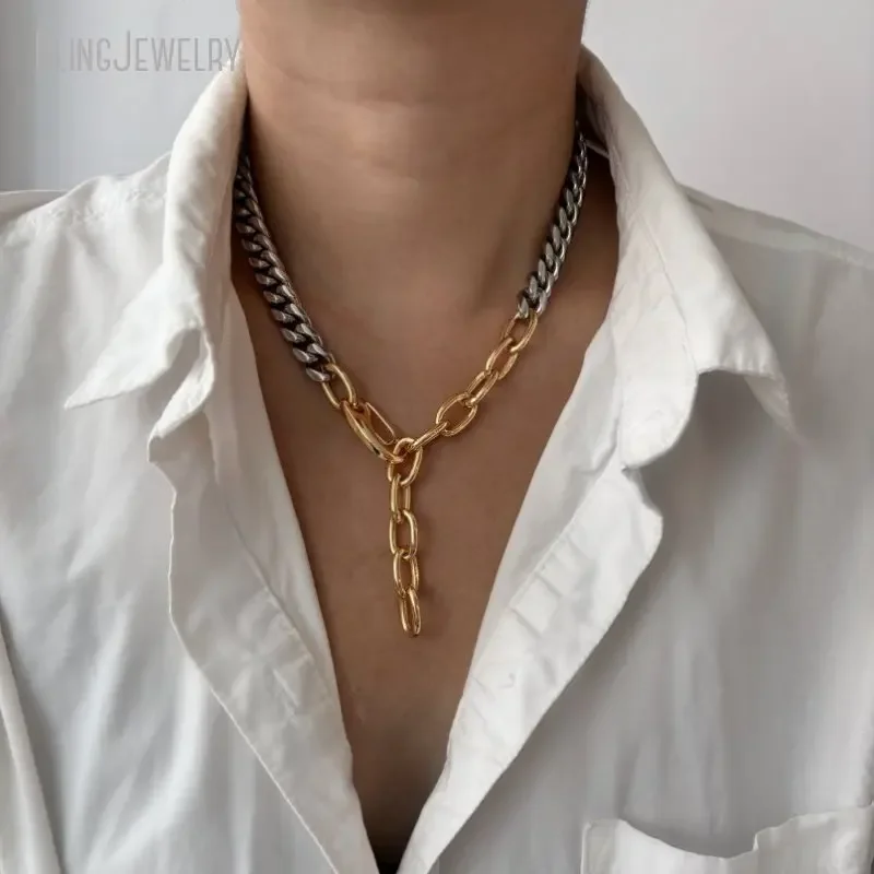10pcs Chunky 2 Tone Stainless Steel Chain Lariat Necklace Thick Gold Color Statement Jewelry