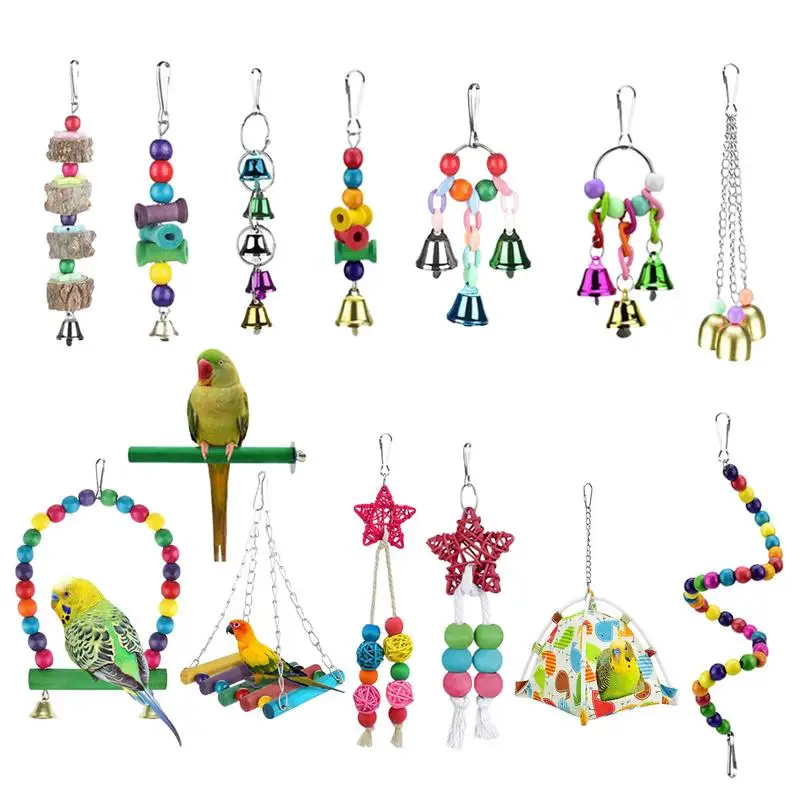 

Bird Parakeet Toys Wooden Chewing Parrot Toys Puzzle Accessories Cockatiel Toys 7pcs Swing Colorful Set Bird Training For Budgie