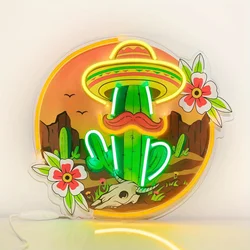 Cactus Plant Neon Sign Mexican light up sign Wall Art Decor Dimmable Bedroom Sign USB for Home Kitchen UV Print Room Decor