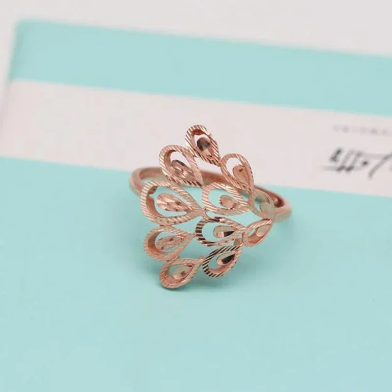 585 Purple Gold 14K Rose Gold Peacock Rings for Women Opening New Hollow Design Elegant Charm Jewelry Mothers Day Gift