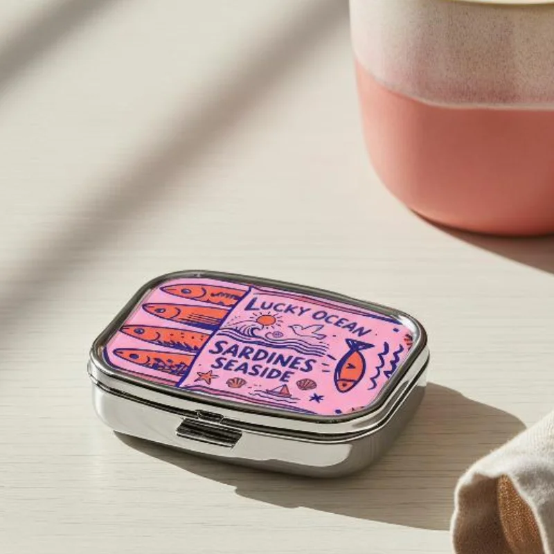 2-Compartment Portable Metal Pill Case With Sardine Print Sturdy Hinged Lid Perfect For Travel Daily Carry First Aid Kit