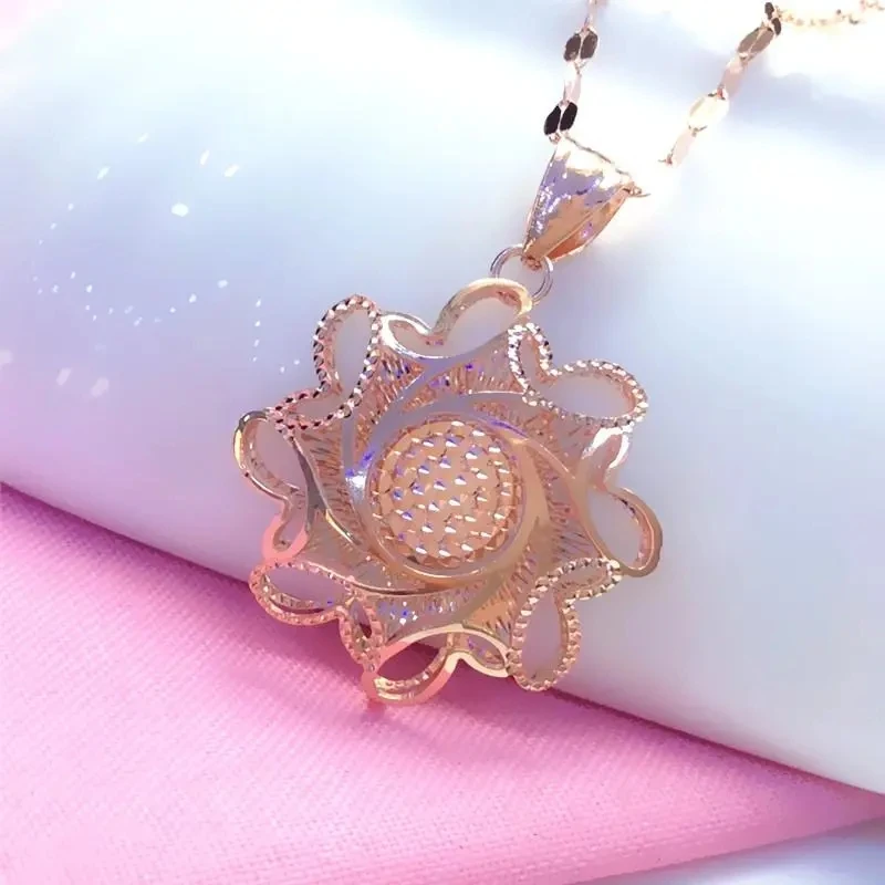 

585 Purple Gold Plated 14K Rose Gold Sunflower Pendant Openwork Fashion Shine Choker Necklace Charm Engagement Jewelry