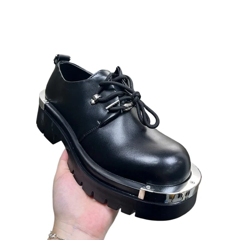 Fashion Style Mens Derbys Flat Brand Male Footwear Pure Black Shoes Thick Sole 3cm Plus Size 45 D733