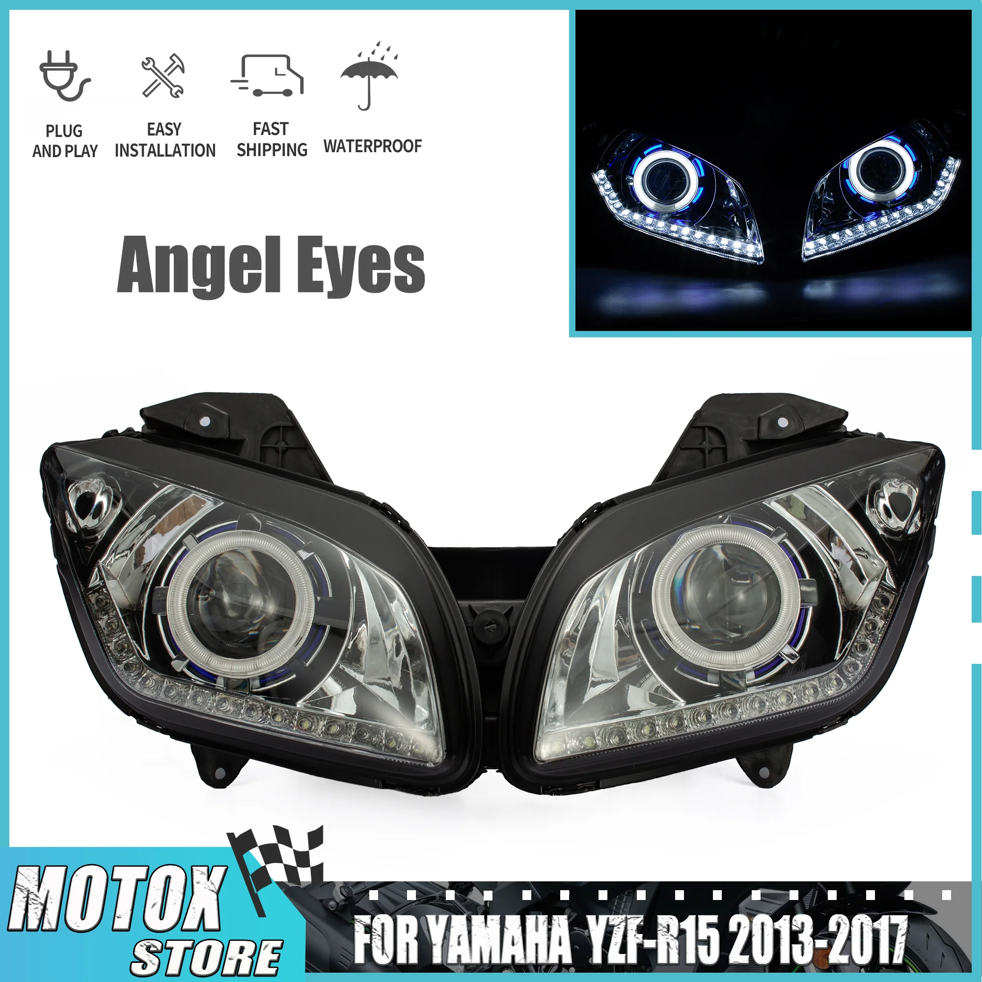 Motorcycle HID Projector Head Light Fit For YAMAHA YZF-R15 Headlamp Headlight 2013 - 2017 YZF R15 2014 2015 2016 Demon Angel Eye