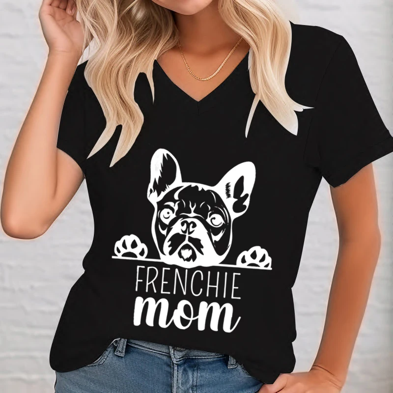 Frenchie Mom Shirt Women V-neck French Bulldog Graphic Tee Animal Lover Shirt French Bulldog Dog Owner Gift Ideas T-shirt Female