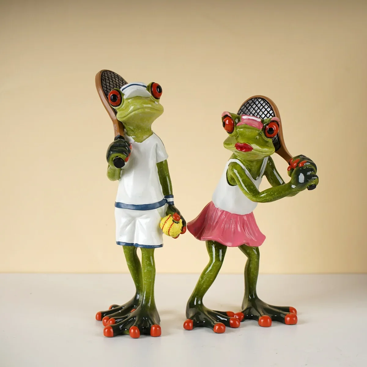 Cute Frog Playing Tennis Police Animal Model Statues 16cm Collectible Figurine Art Ornament Home Living Room Tabletop Decor Item