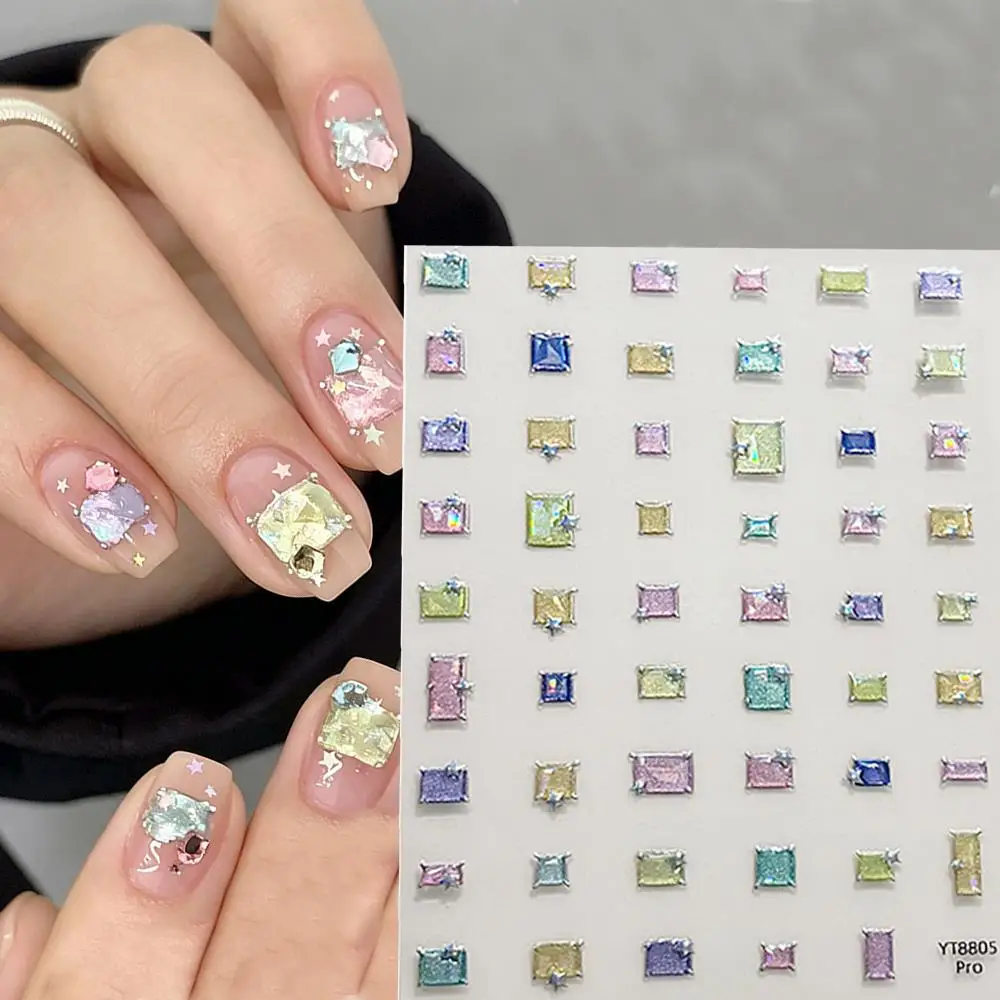 1Pcs 3D Multicolor Square Gem Star Nail Sticker Aurora Faux Diamond Self Adhesive Nails Decals Dopamine Manicure Art Decorations