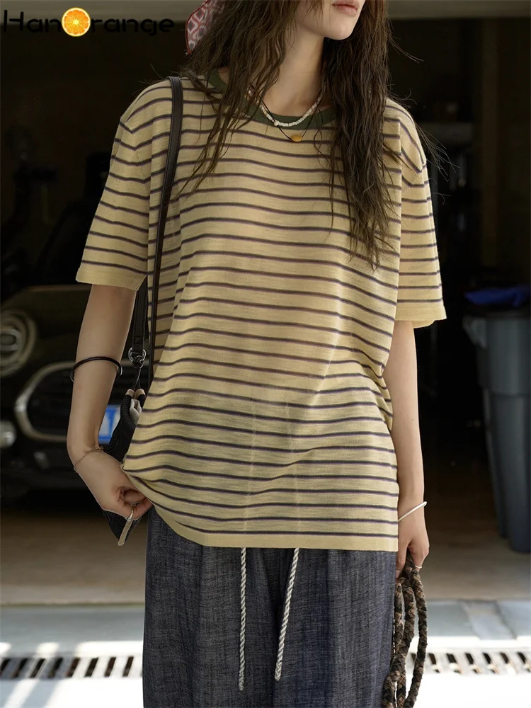 

HanOrange 2025 Summer Dopamine Contrast Striped Knitted T-Shirt Women Lightweight Breathable Top Tees Yellow/Pink