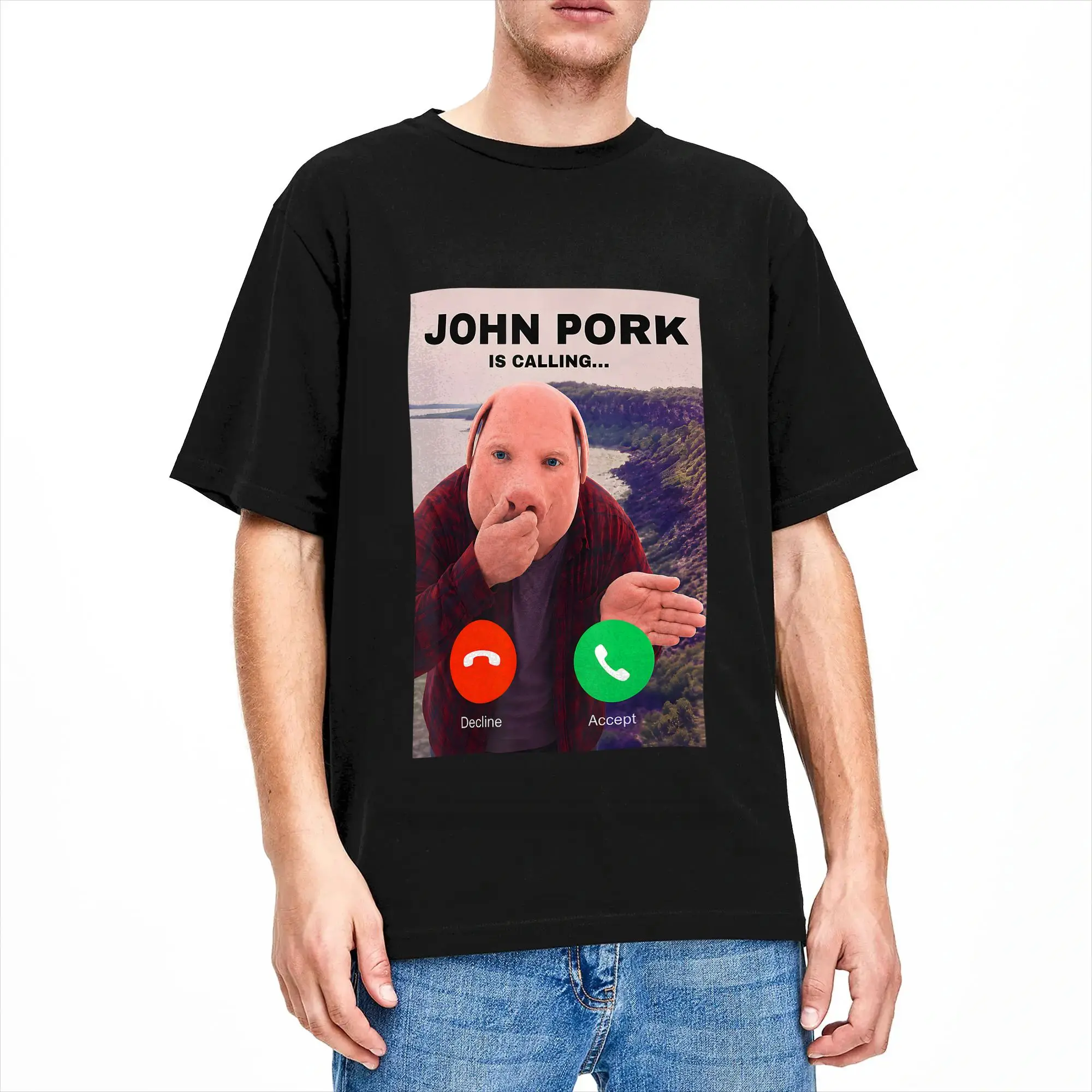 Men's John Pork Calling Decline Accept Incoming Call T Shirts Cotton Clothes Hipster Short Sleeve O Neck Tees Plus Size T-Shirts