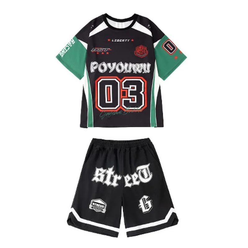 ชาย Hip Hop ชุด Contrast เสื้อยืด Street Dance กางเกงขาสั้นหญิงสีแดงกางเกงเด็ก Streetwear เด็กแจ๊สเสื้อผ้าเครื่องแต่งกาย