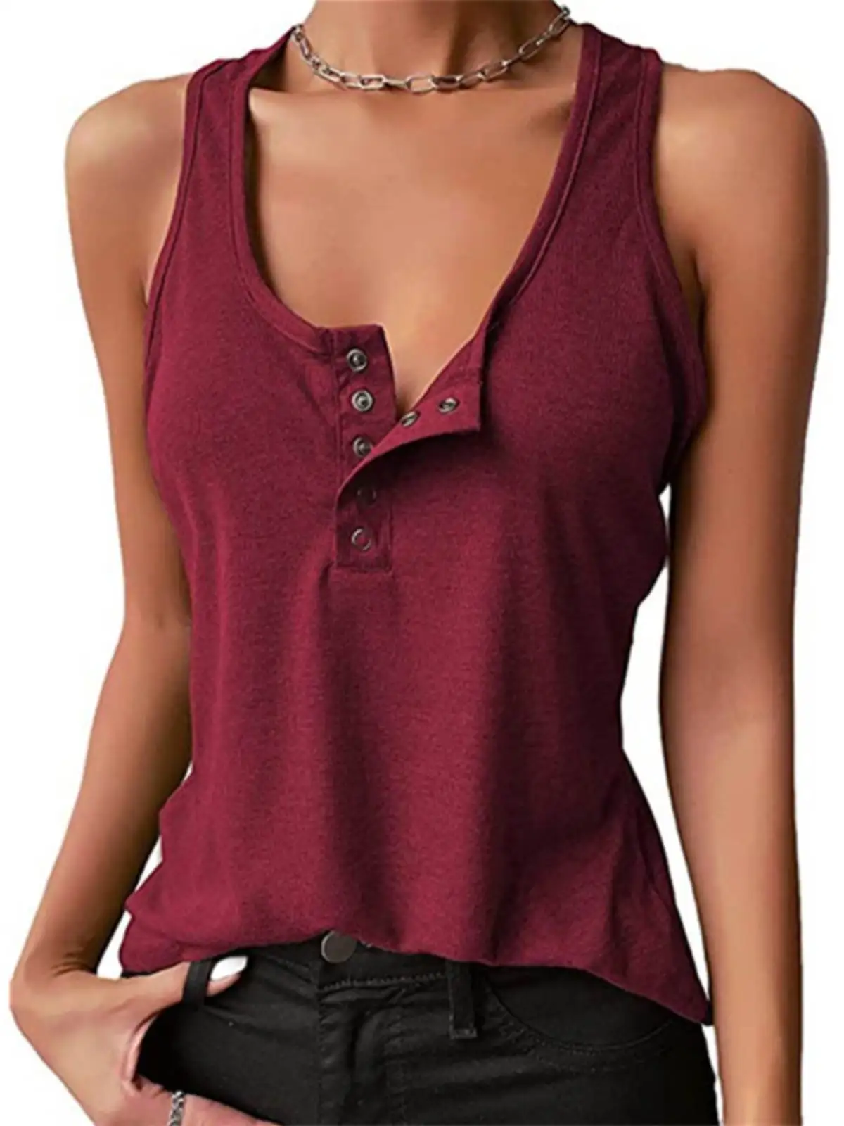 Zomer Dames Sle Nieuwe Pure Kleur Buttonl Svel Vest T-shirt Street Faion Vierkante Kraag Loose Fit Dun Polyester