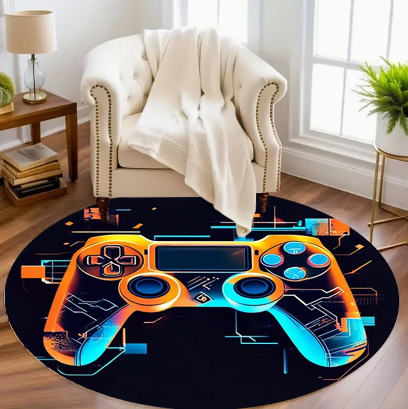 Cyber Style Game Controller Round Area Rug Neon Tech Pattern Non-Slip Floor Mat for Game Rooms Trendy Living Spaces
