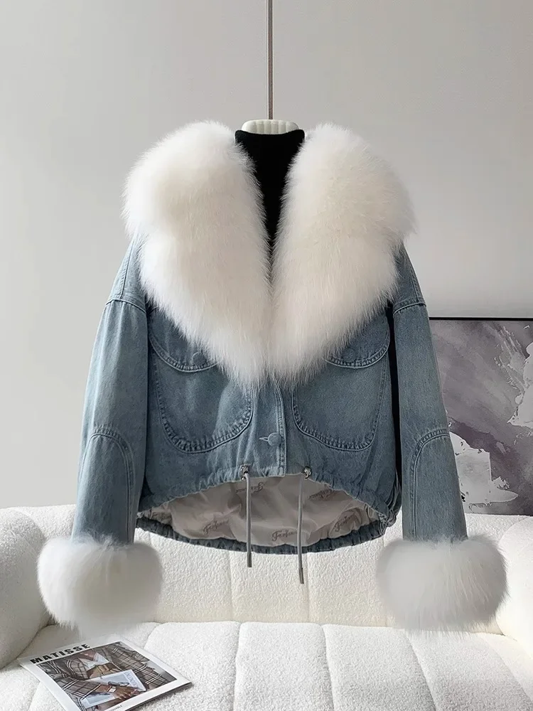 New Denim Fur Jacket, White Fox Lapel Goose Down Jacket
