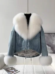 New Denim Fur Jacket,  White Fox Lapel Goose Down Jacket