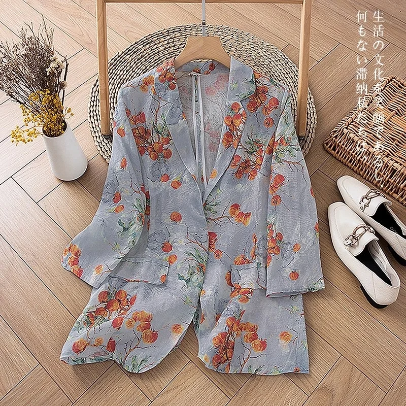 Women's Casual Thin One-Button Blazer Spring Summer Printed 3/4 Sleeve Suit Jacket Stylish Blouse Top W786