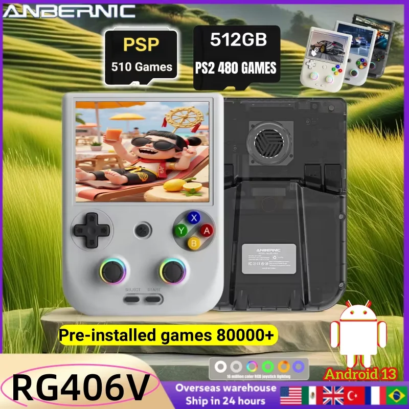 Consola de videojuegos portátil ANBERNIC RG406V con pantalla IPS de 4 pulgadas, Android 13, Bluetooth, WIFI, 8G+128G/512G, compatible con PSP y PS2