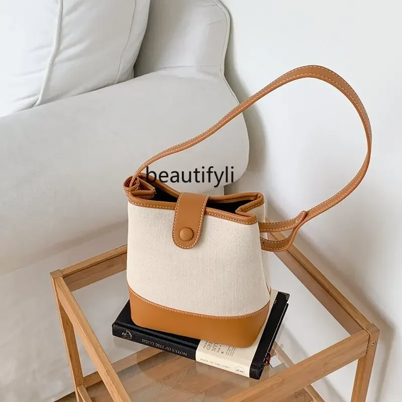 

yj Canvas Bag Artistic Contrast Color One Shoulder Underarm Bag High Sense Versatile Bucket Bag