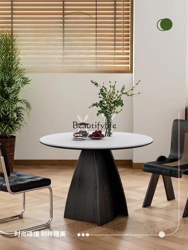 

yj9 Solid Wood Round Rock Slab Dining Table For Home Use, French Minimalist Style, Fully Supported Dining Table