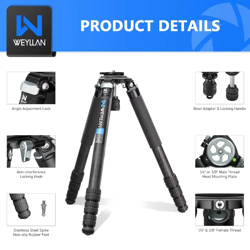 WEYLLAN LX9 Treppiede professionale in fibra di carbonio per fotocamera DSLR Treppiede da caccia per carichi pesanti con adattatore per ciotola da 75 mm Tubo da 40 mm Carico 40 kg