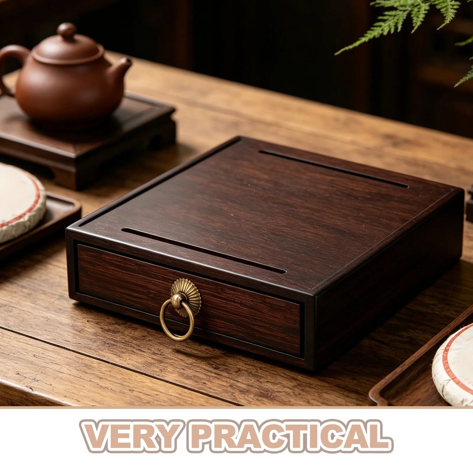 Wooden Tea Box Single Drawer Vintage PU-Erh Tea Cake Storage Chest Desktop Organizer Coffee Sugar Packet Spice Bag Holder