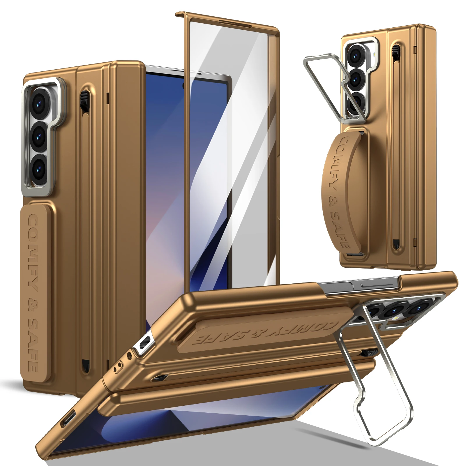 Alloy Stand Wrist Strap Pen Slot with Stylus Tempered Glass Film Full Hinge Protection Cover For Samsung Z Fold 7 6 5 4 3
