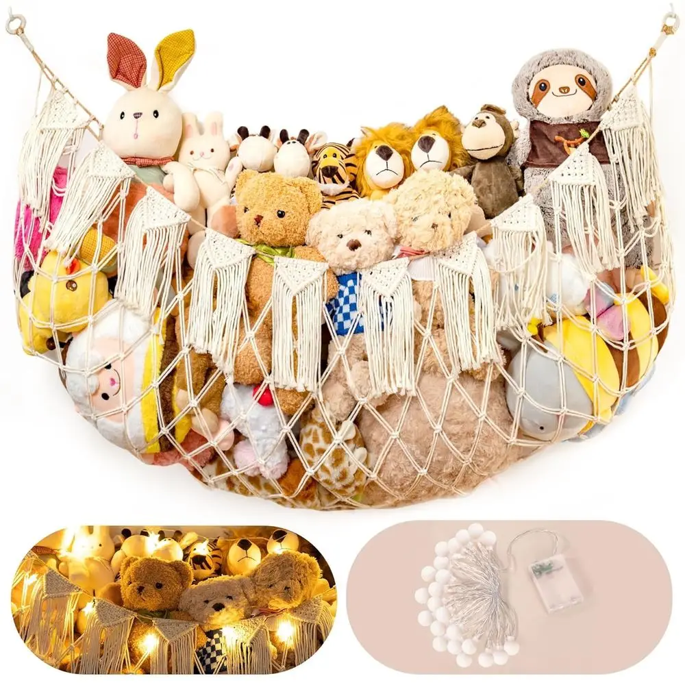 Stued Animal Hammock with LED Lights – Large Wall Hanging Plushie Net, Toy Organizer or Kids Bedroom, Nursery, Playroom & Dorm (