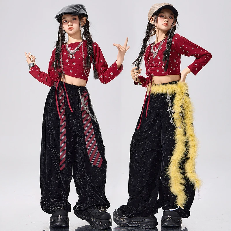 

Kpop костюм для девочек, наряд для джазового танца, одежда для уличных танцев в стиле хип-хоп, укороченный топ со звездами, черные брюки для городских танцев, уличная одежда 3082