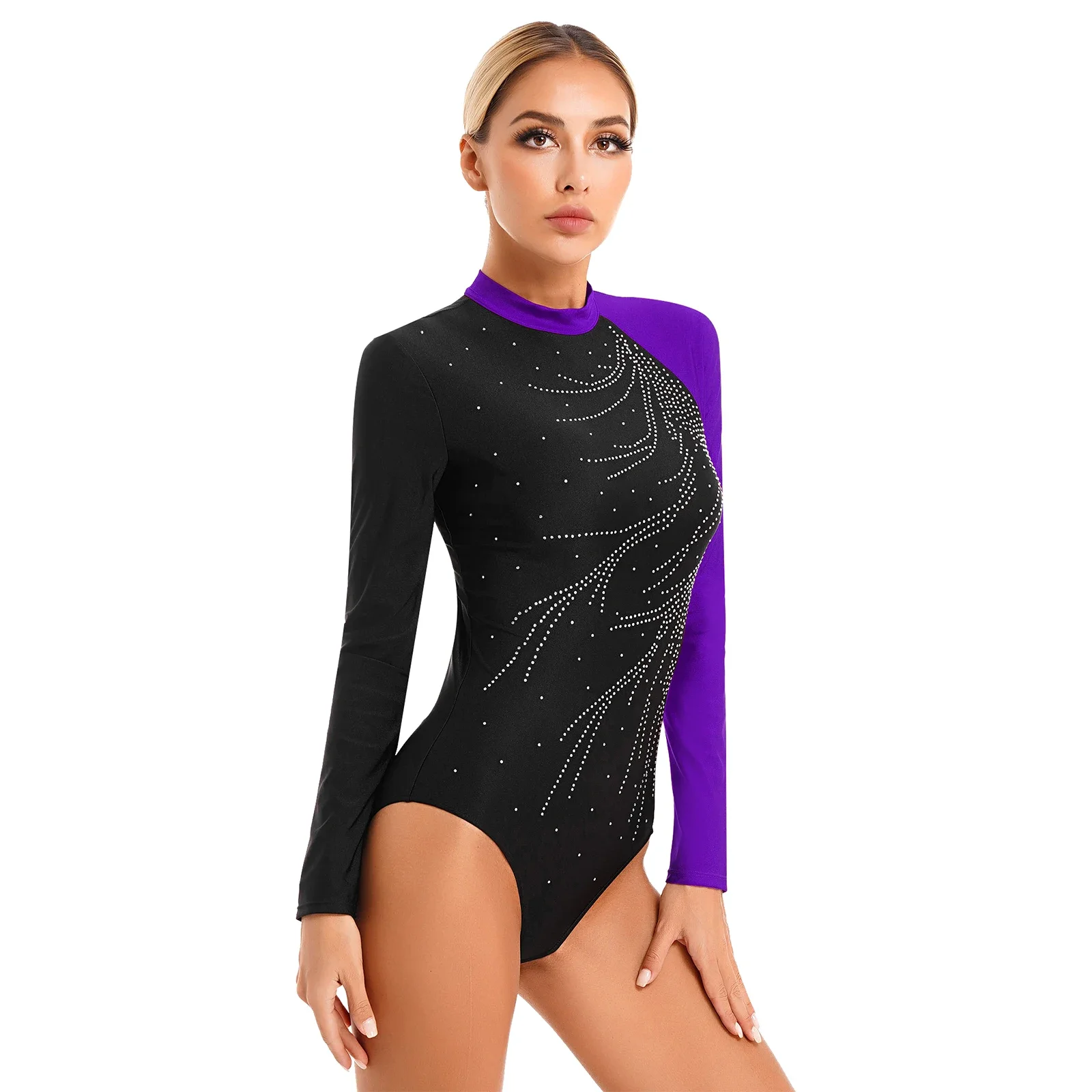 Rhinestones Gymnastics Leotard for Women Adult Long Sleeve Metallic Shiny Ballet Dance Leotard Ice Skating Jumpsuit Bodysuit