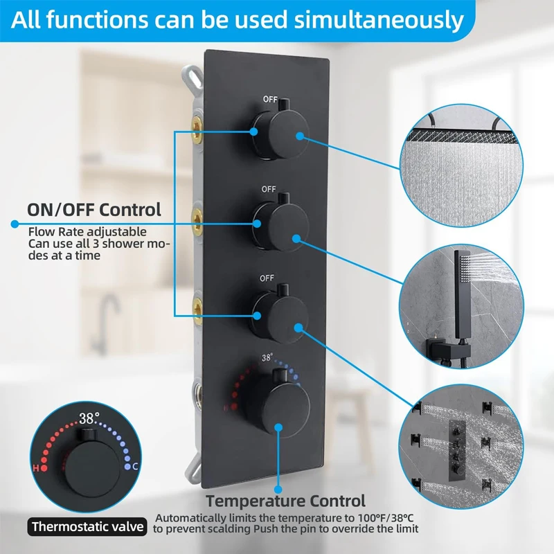 New Modern  Thermostatic Concealed Shower System Three Functions Shower Mixer Set Wall Mounted