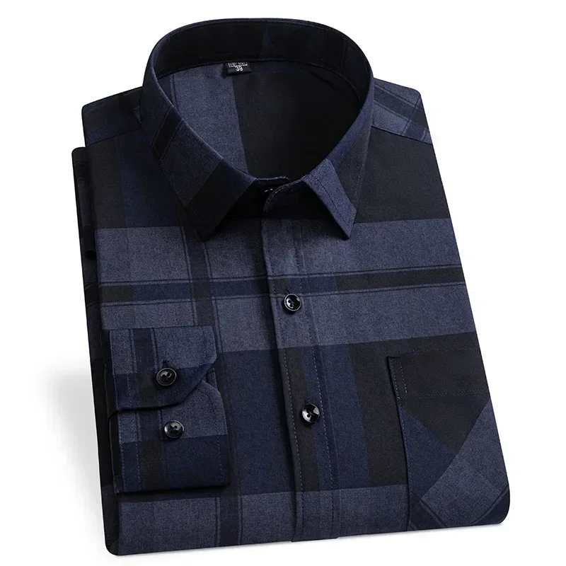 Mens Classic Business Long Sleeve Shirts Polyester Cotton Plaid Formal Dress Shirt 2024 Casual Standard Fit Male Workwear Shirts
