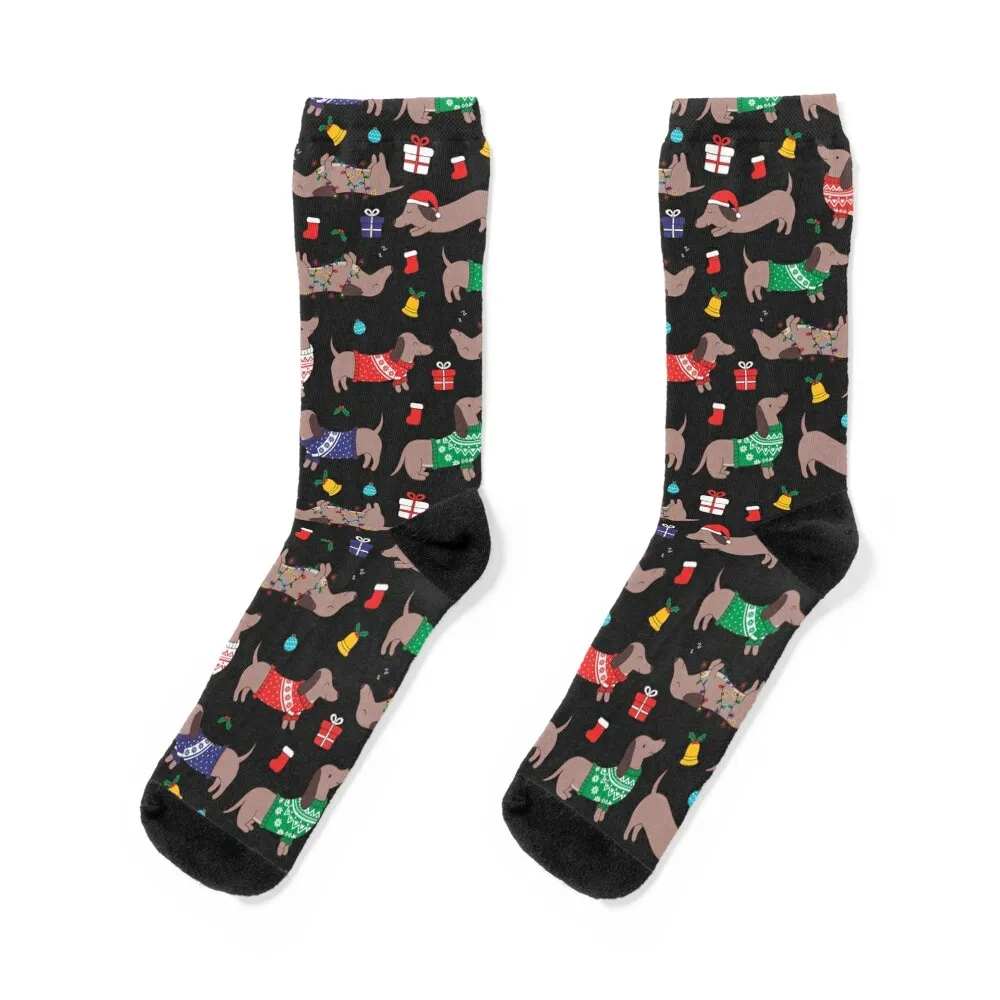 Christmas Sweater Dachshund Dog on Black Socks Hiking boots funny sock socks cotton Mens Socks Women\'s