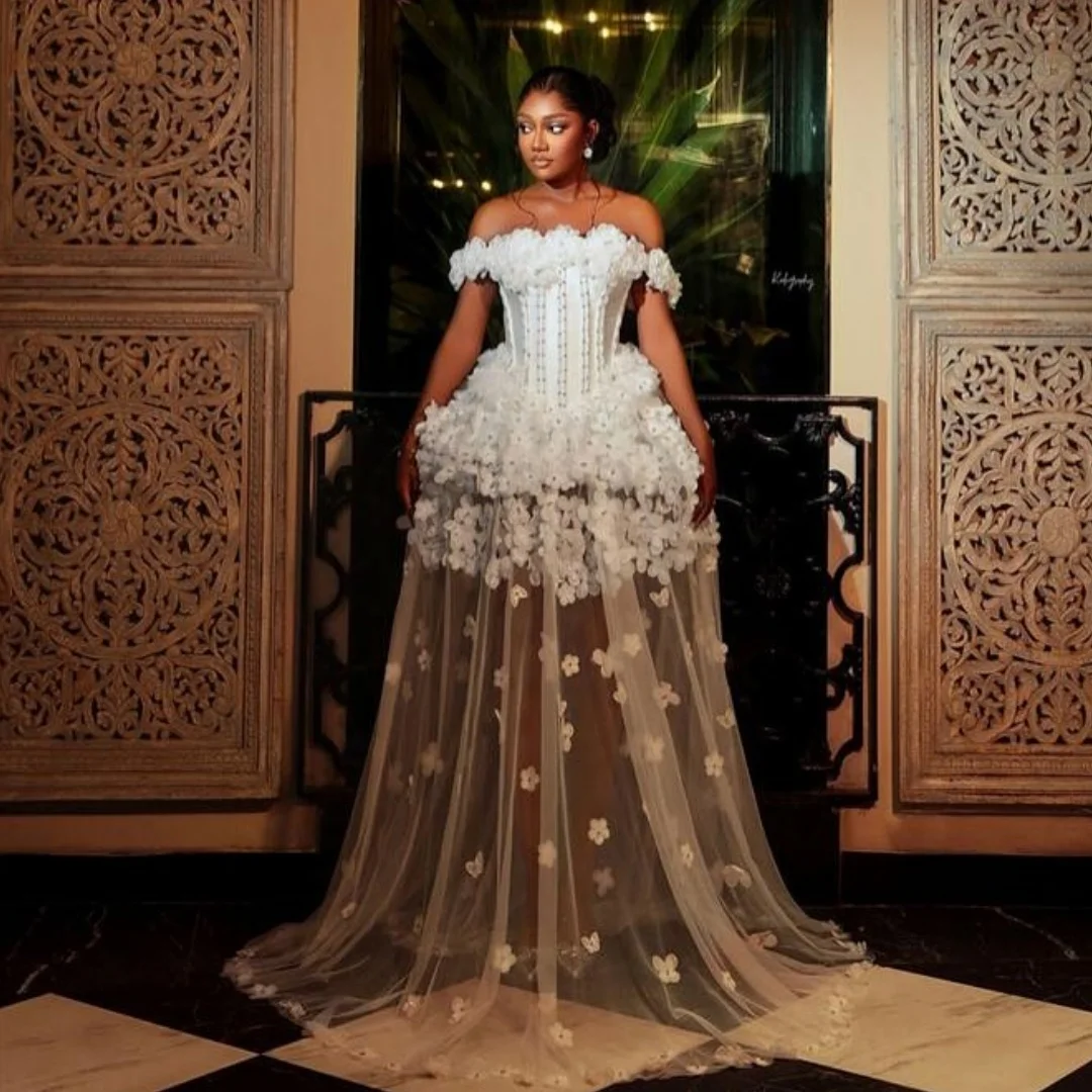 A Line Floral Evening Dresses Tulle Floor Length Corset Party Dress Plus Size Off the Shoulder Appliqued Prom Gown Customized