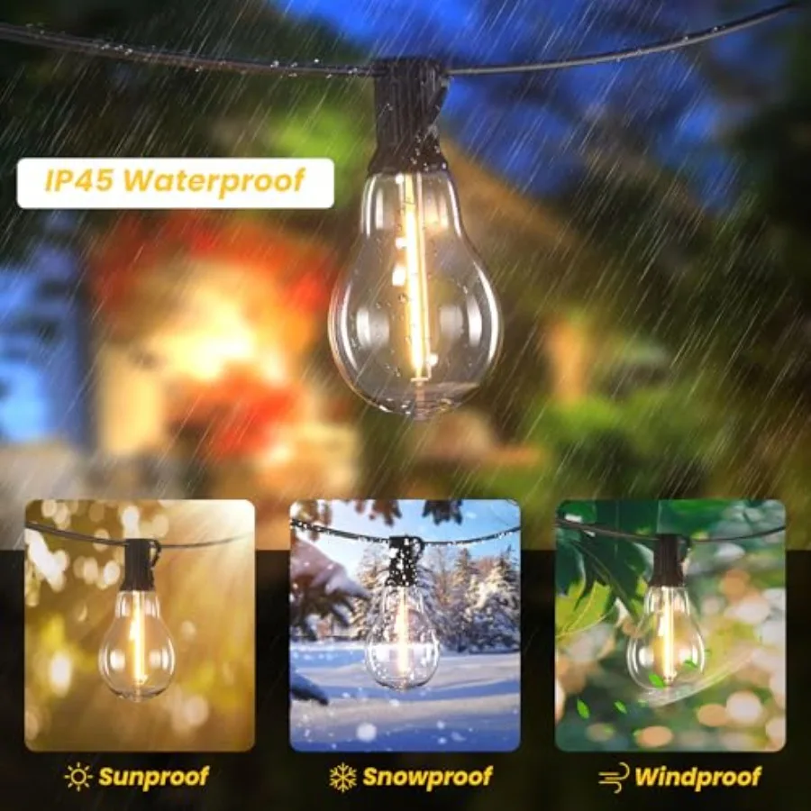 Outdoor string lights Waterproof patio string lights with 38 Shatterproof Dimmable A39 LED Bulbs, 2 bulbs apart Connectable Out