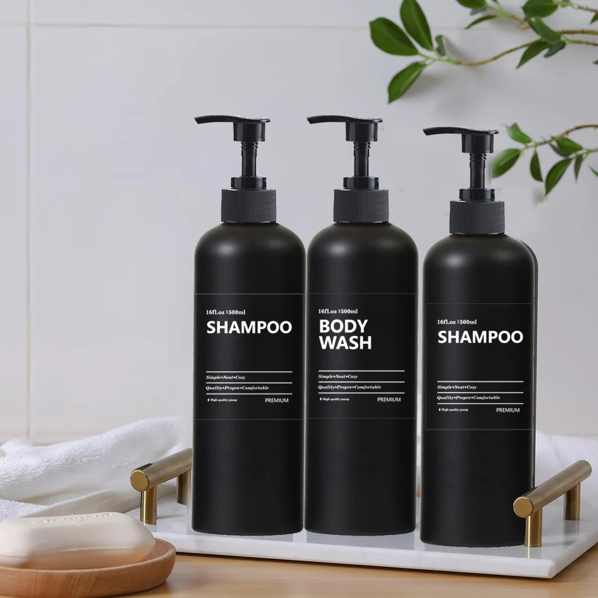 2/3pcs 500ml soap dispenser black PET Plastic shampoo body wash hand sanitizer empty bottle with labels Bathroom accessories