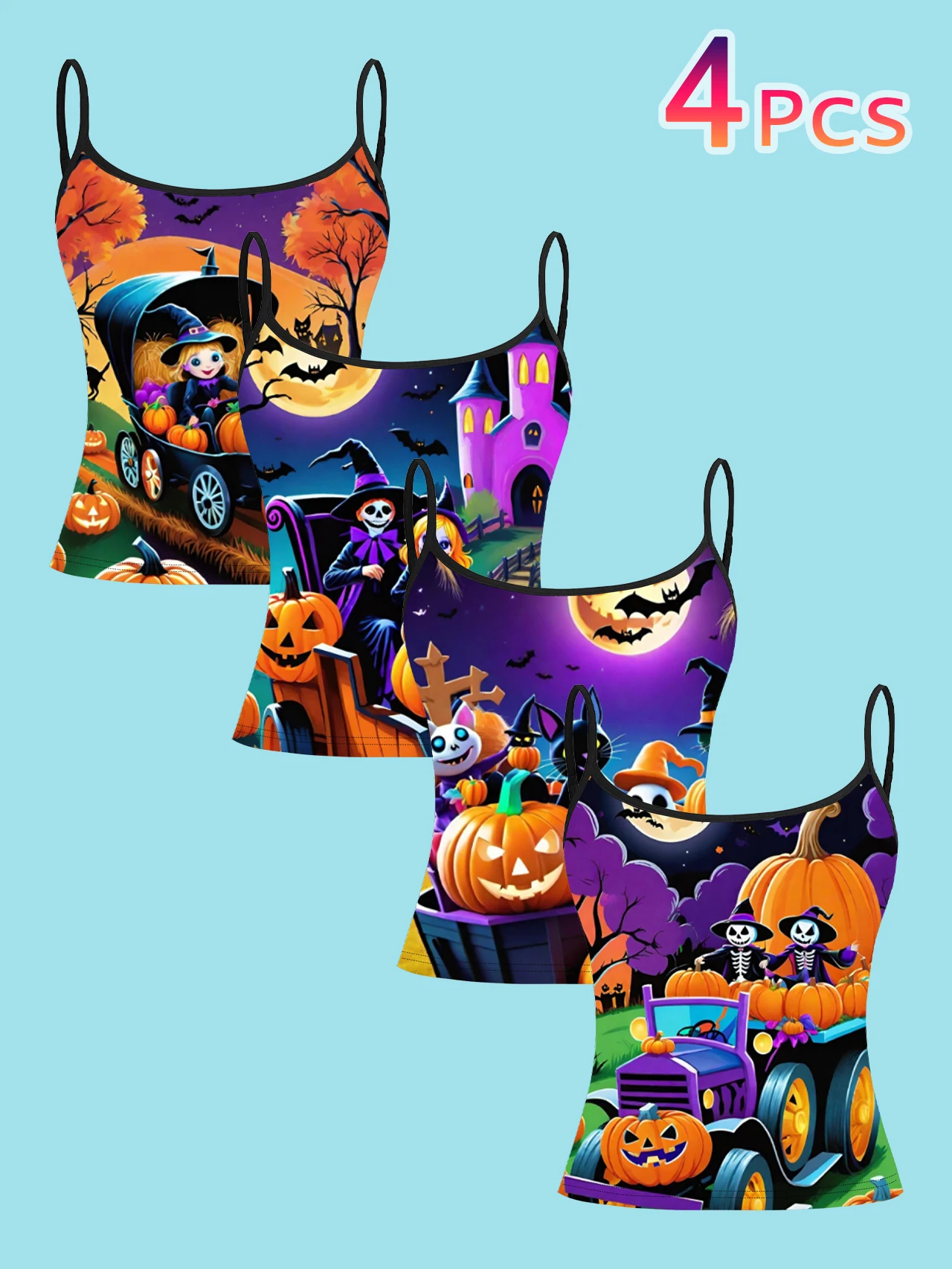 4-Piece Set of Cartoon Halloween Witch Pumpkin Car Print Camisoles for Girls, Fun Halloween Spaghetti Strap Slim-Fit Undershirt Tops