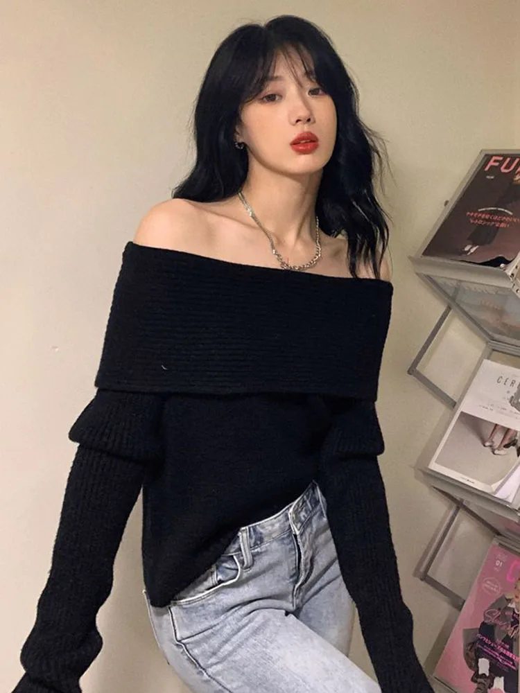 Zoki Off Shoulder Women Sexy Sweaters Casual Long Sleeve Slim Slash Neck Knitted Pullovers Korean Chic High Quality Soft Jumpers