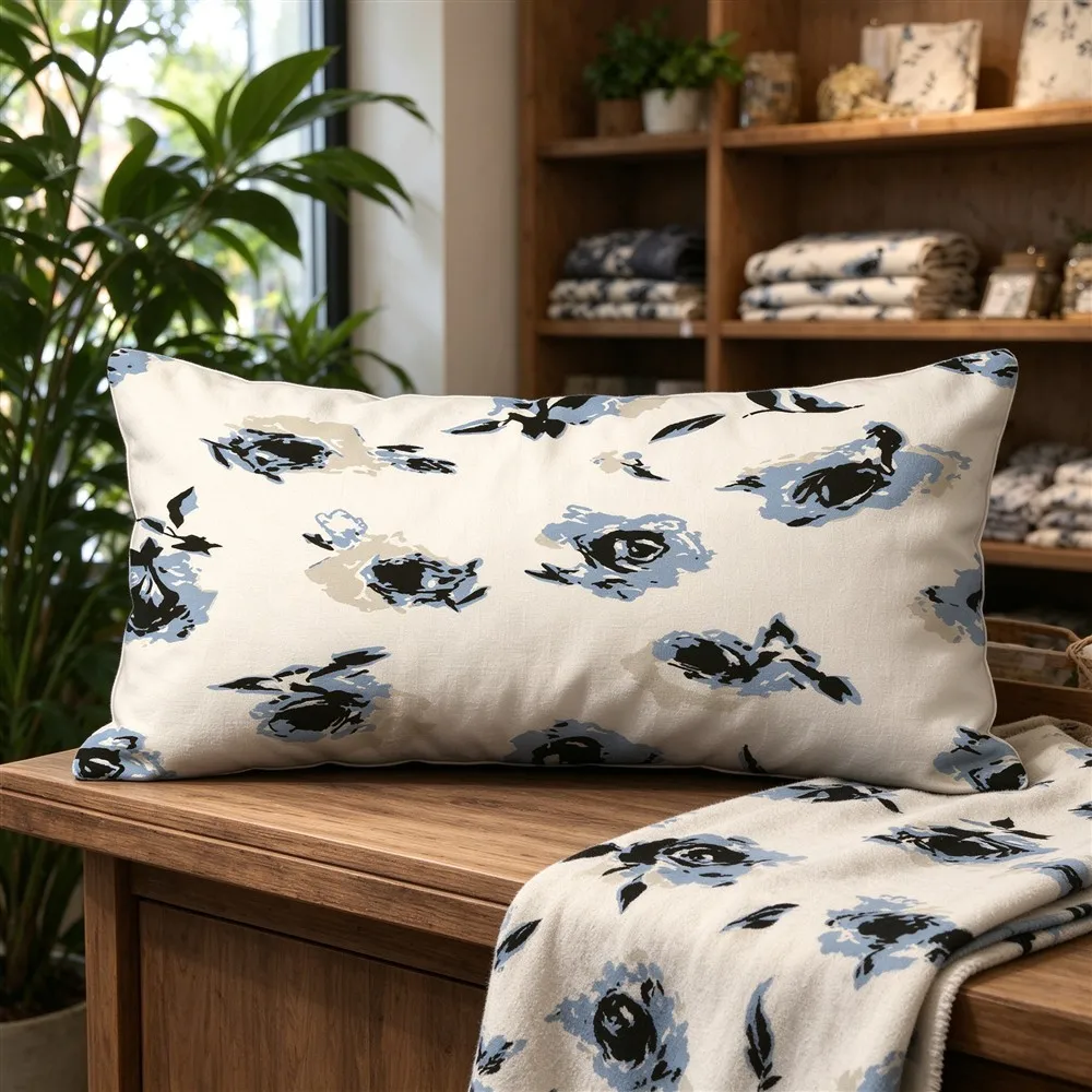 White Blue Cornflower Ditsy Print Long Pillow Cover, Meadow Style, Shop Decorative, Polyester, Decorative Pillow, Soft Touch