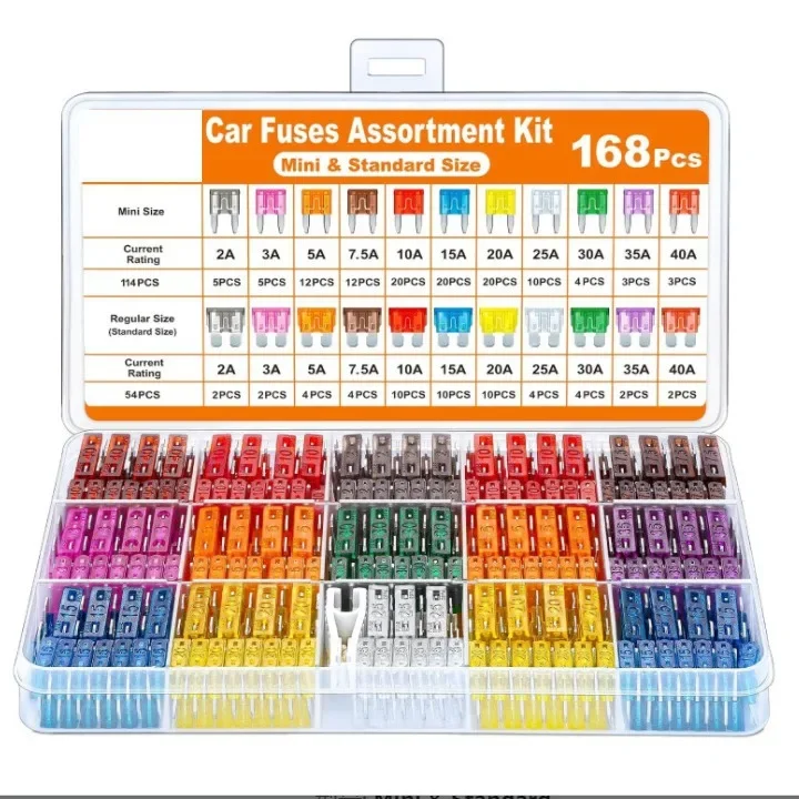 Car Insurance Fuse Kit 168 Pieces Mini Blade 54 Standard Fuses 1 Clip Motorcycle Fuse Boxes Repair Parts