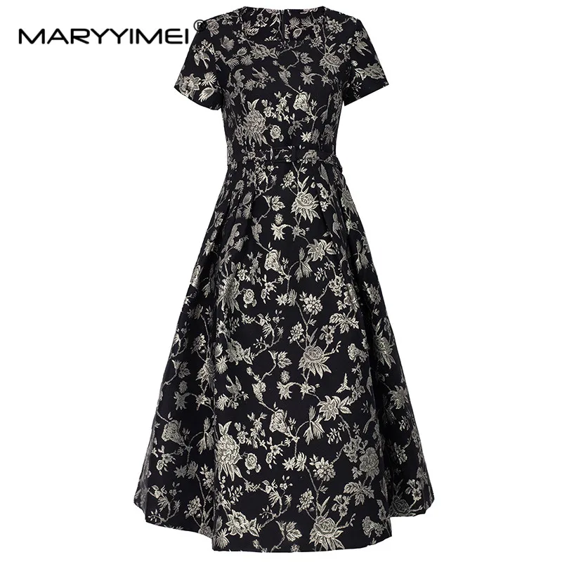 MARYYIMEI-Robe trapèze à lacets pour femme, col carré, manches courtes, jacquard, élégante, noire, vintage, robe de Rh, coupe couvertes, nouvelle mode