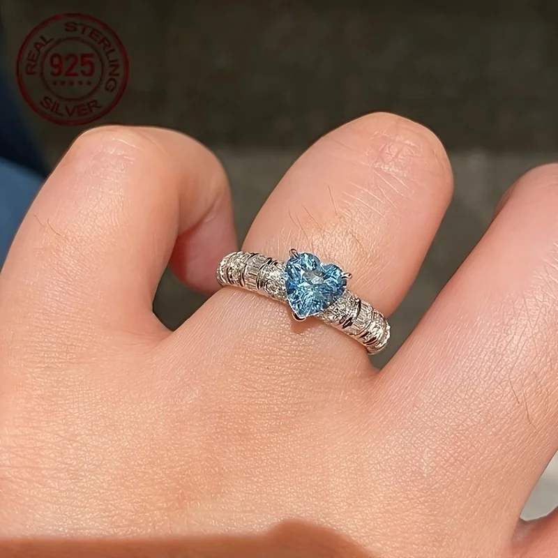

Luxury Elegant Heart-shaped Design 925 Silver Rings Santa Maria Ice Flower Cut Sea Blue Zircon Rings For Women Accessories