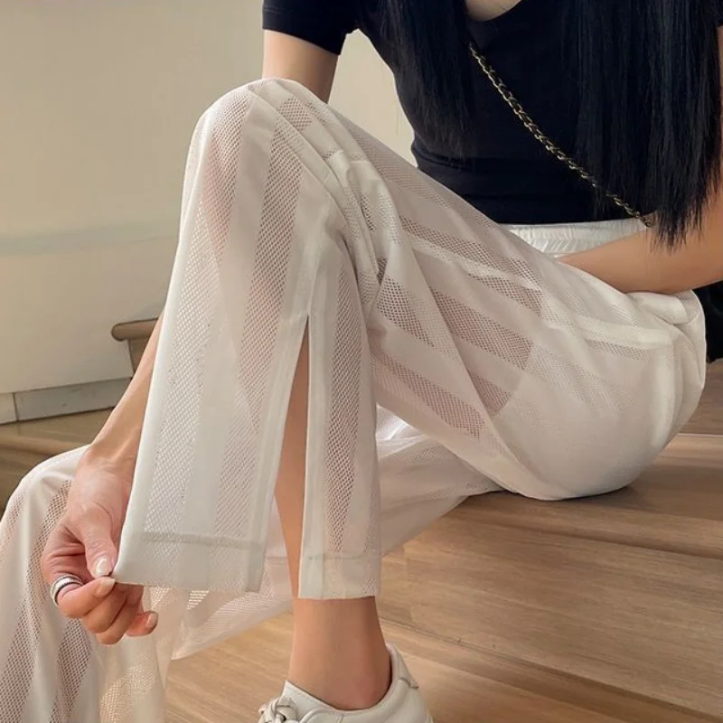 Stripe Trousers for Women Straight Leg Transparent Wide with Slits White Womens Pants Mesh Korean Fashion One Size 90s Clothing