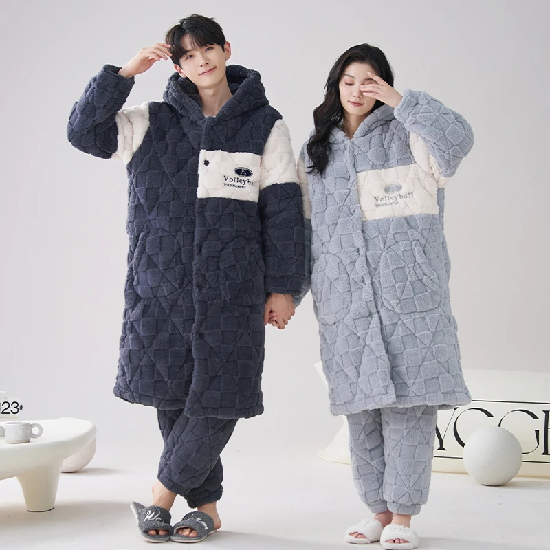 Couple Robe Winter 3 Layer Clip Cotton Casual Long Bathrobe+Pant Hooded Home Clothing Thick Warm Men and Women Pijamas