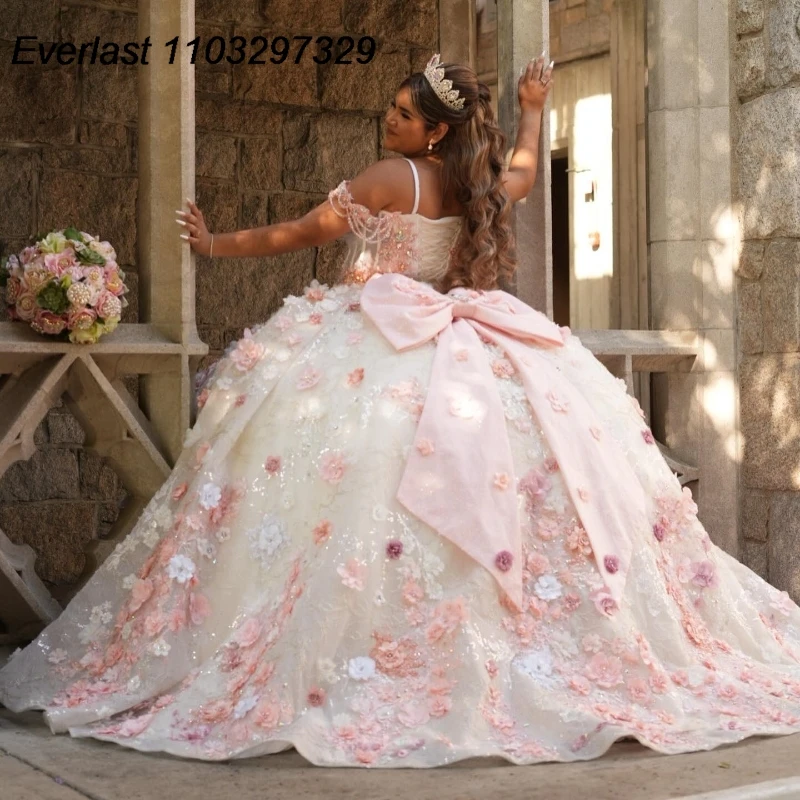 EVLAST Customized Mexican Pink Quinceanera Dress Ball Gown Flowers Lace Applique Beaded Bow Sweet 16 Vestidos De 15 Anos TQD769